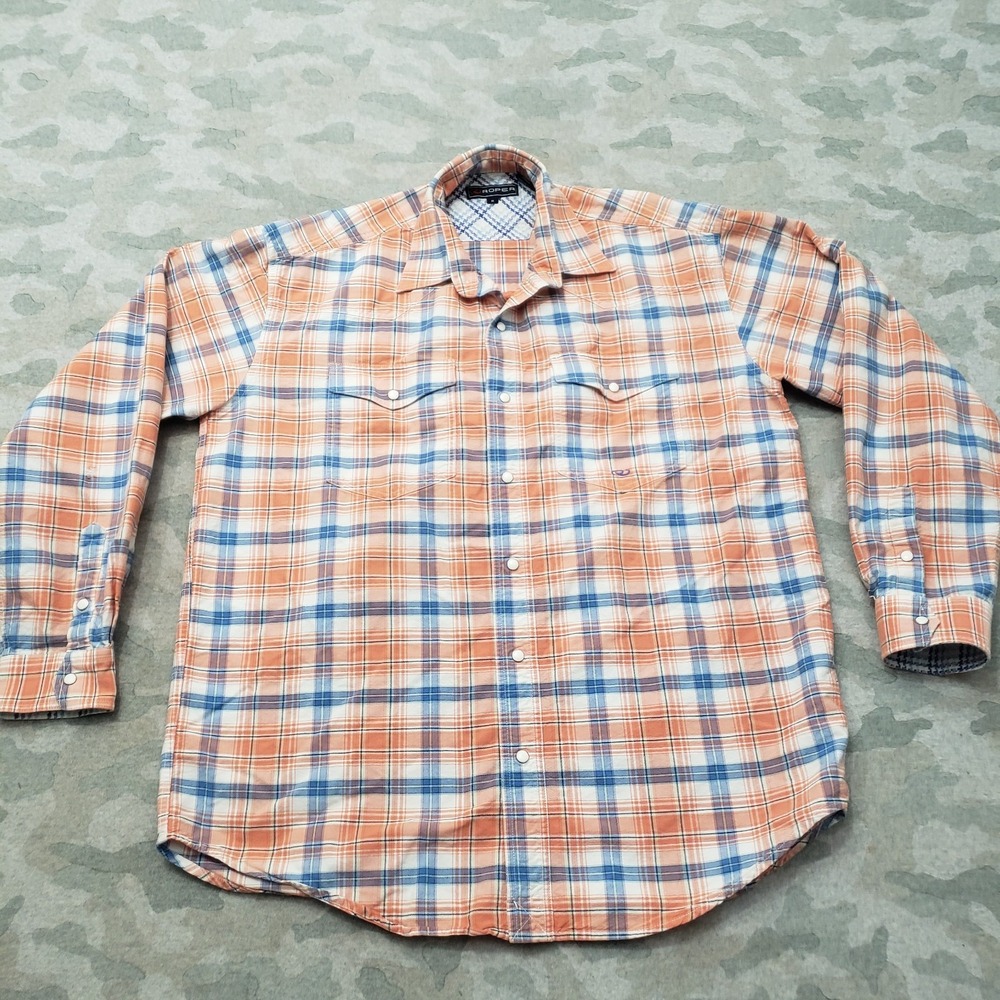 Roper Shirt Mens Medium Orange Plaid Western Pockets Pearl Snap Long Sleeve
